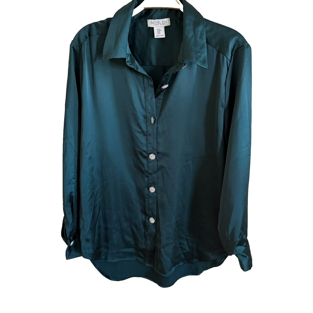 Rachel Zoe Womens Green Satin Long Sleeve Button Up Top Sz M Holiday‎ Rhinestone